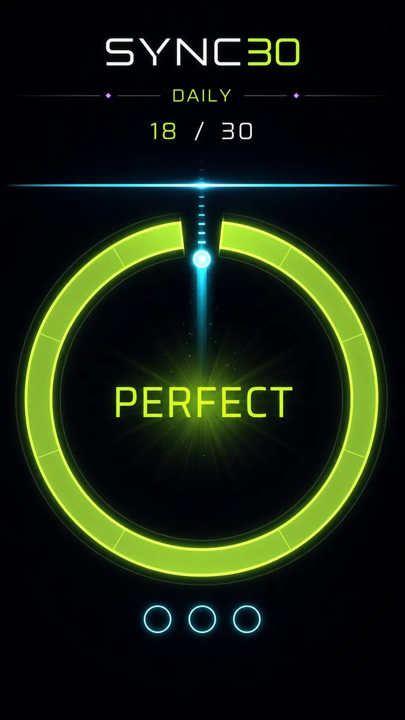 SYNC30 gameplay showing a Perfect hit through a rotating neon gate