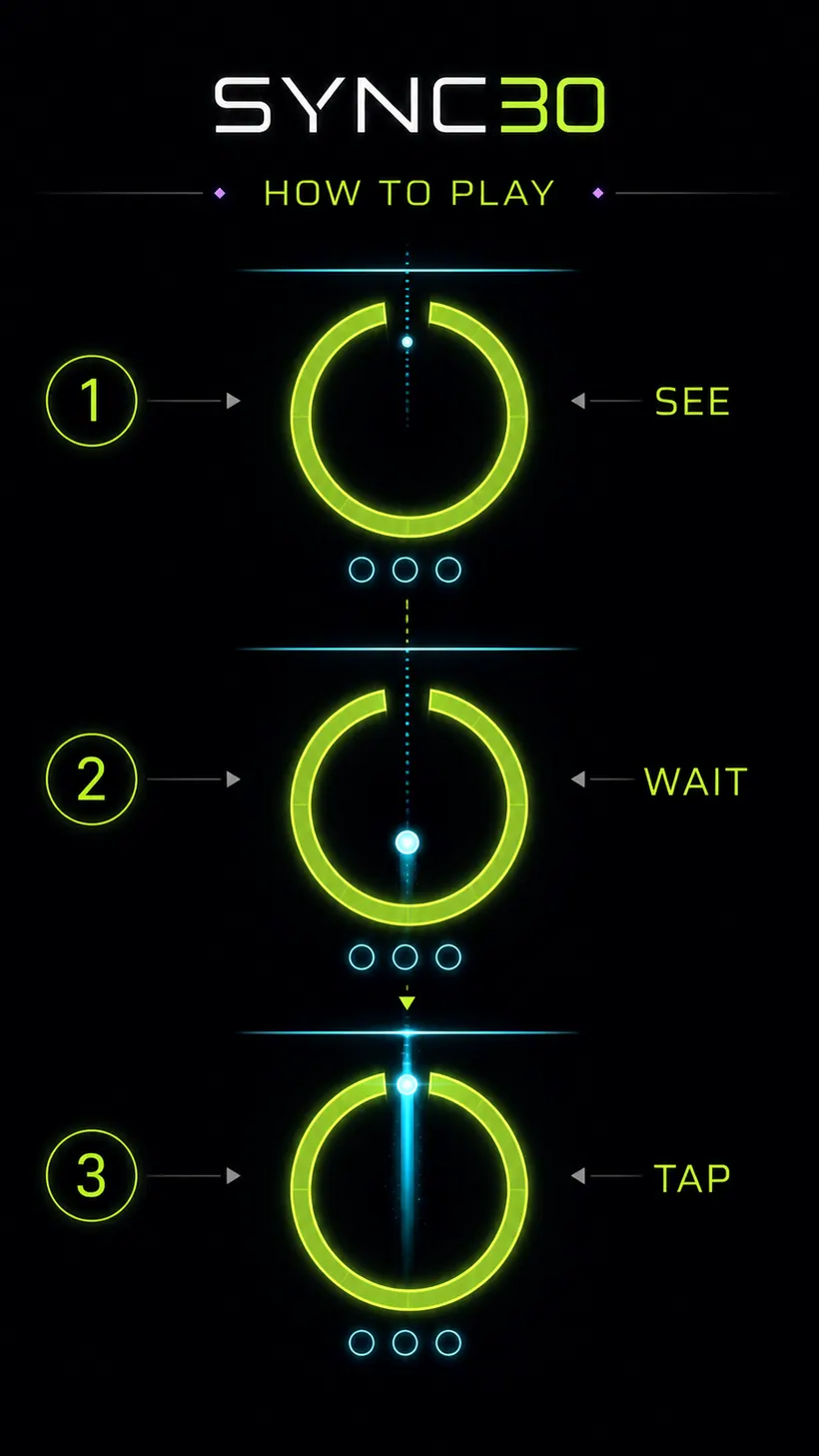Tutorial visual do SYNC30 mostrando a sequência veja, espere e toque